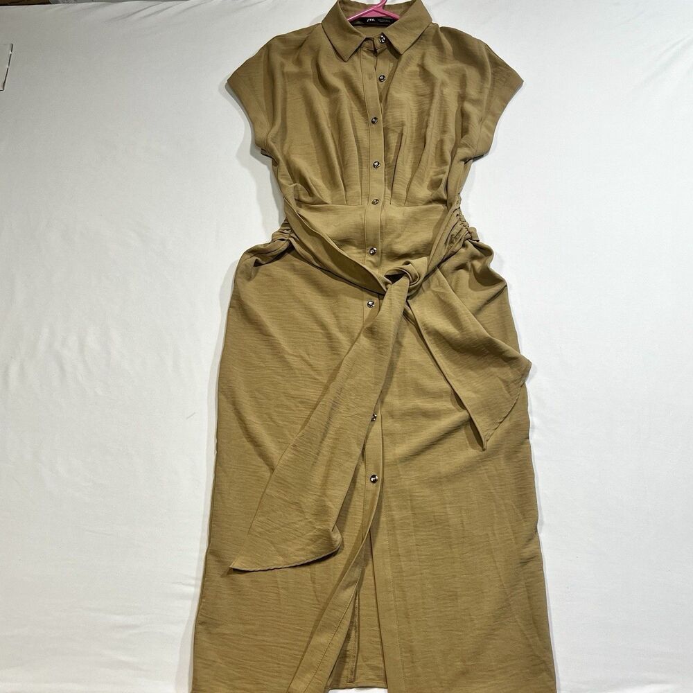 ZARA Khaki Textured Belted Midi Shirt Dress S Safari Quiet Luxury Button Down
